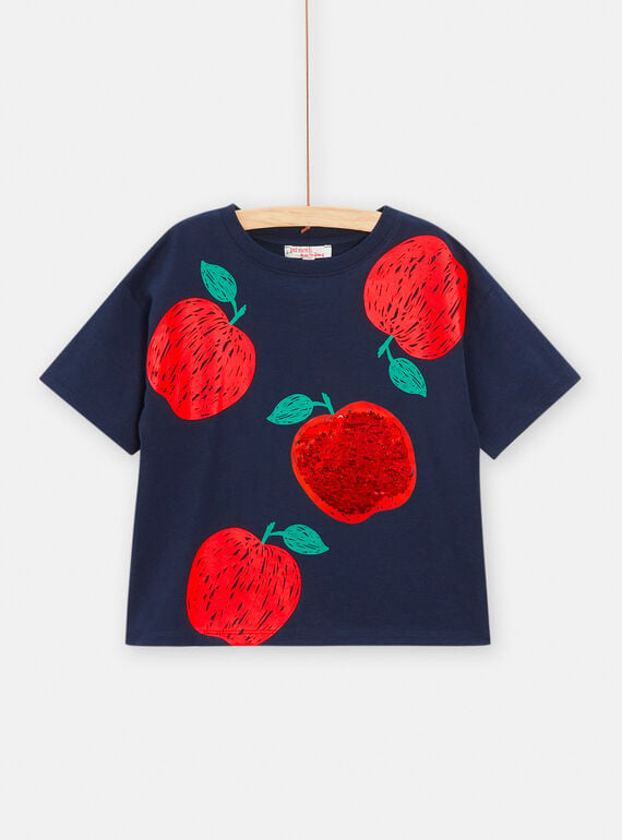T-shirt marine à sequins imprimé pomme pour fille TAJOTI4 / 24S901B4TMCC205